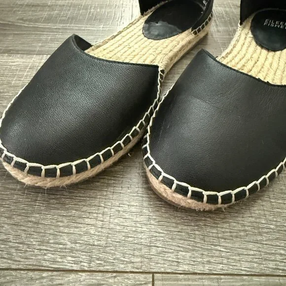 Eileen Fisher Lala Leather Espadrille Flat Black Ankle Strap Women Size 8.5 - Picture 2 of 8